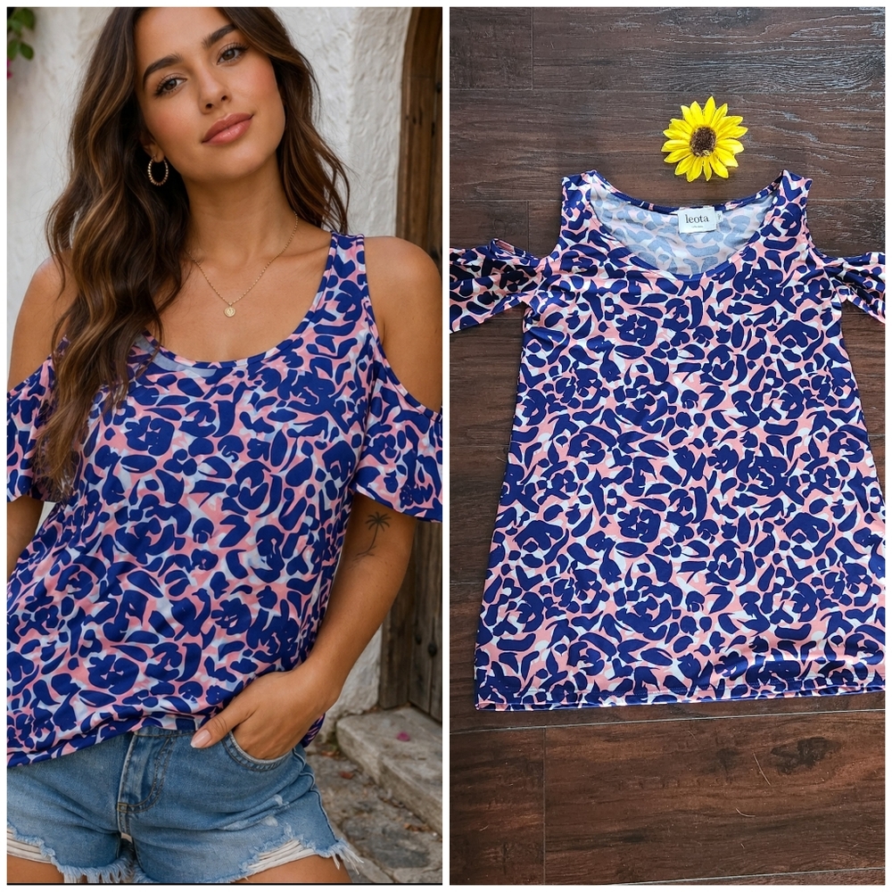 Leota Pink & Navy Cold-Shoulder Floral-Print Tank